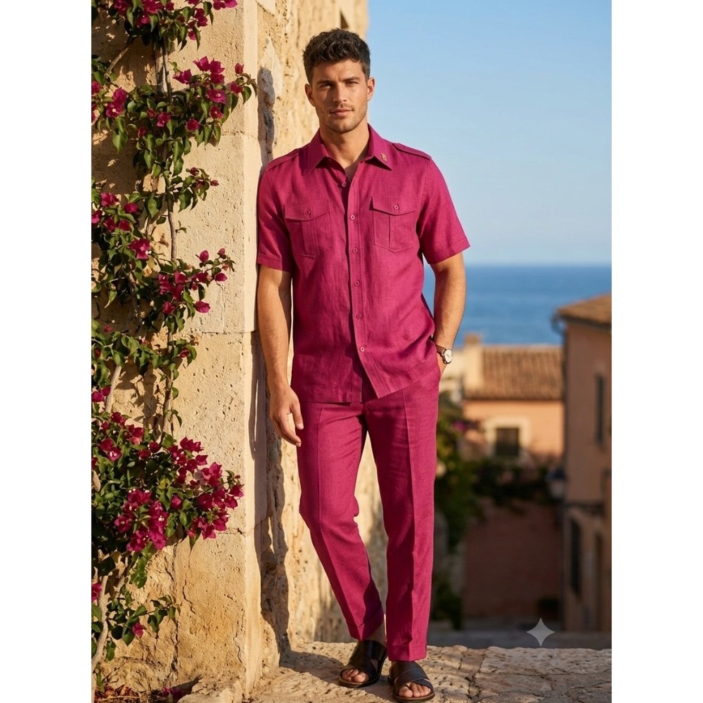 Royalty Culture Linen Blend Set Mens L 34 Magenta Pink Short Sleeve Shirt Pants